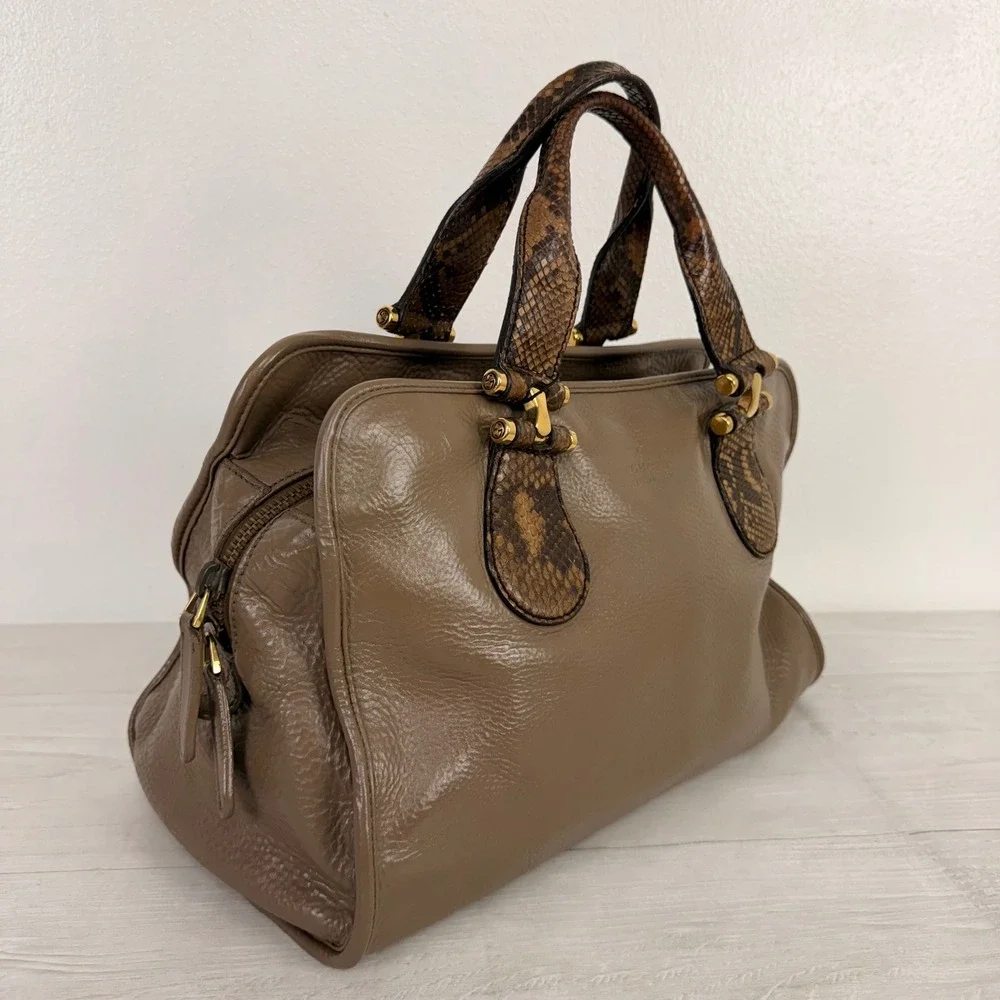 Gucci Satchel Hand Bag Taupe Brown Leather Snakeskin Trim Gold Hardware M Office